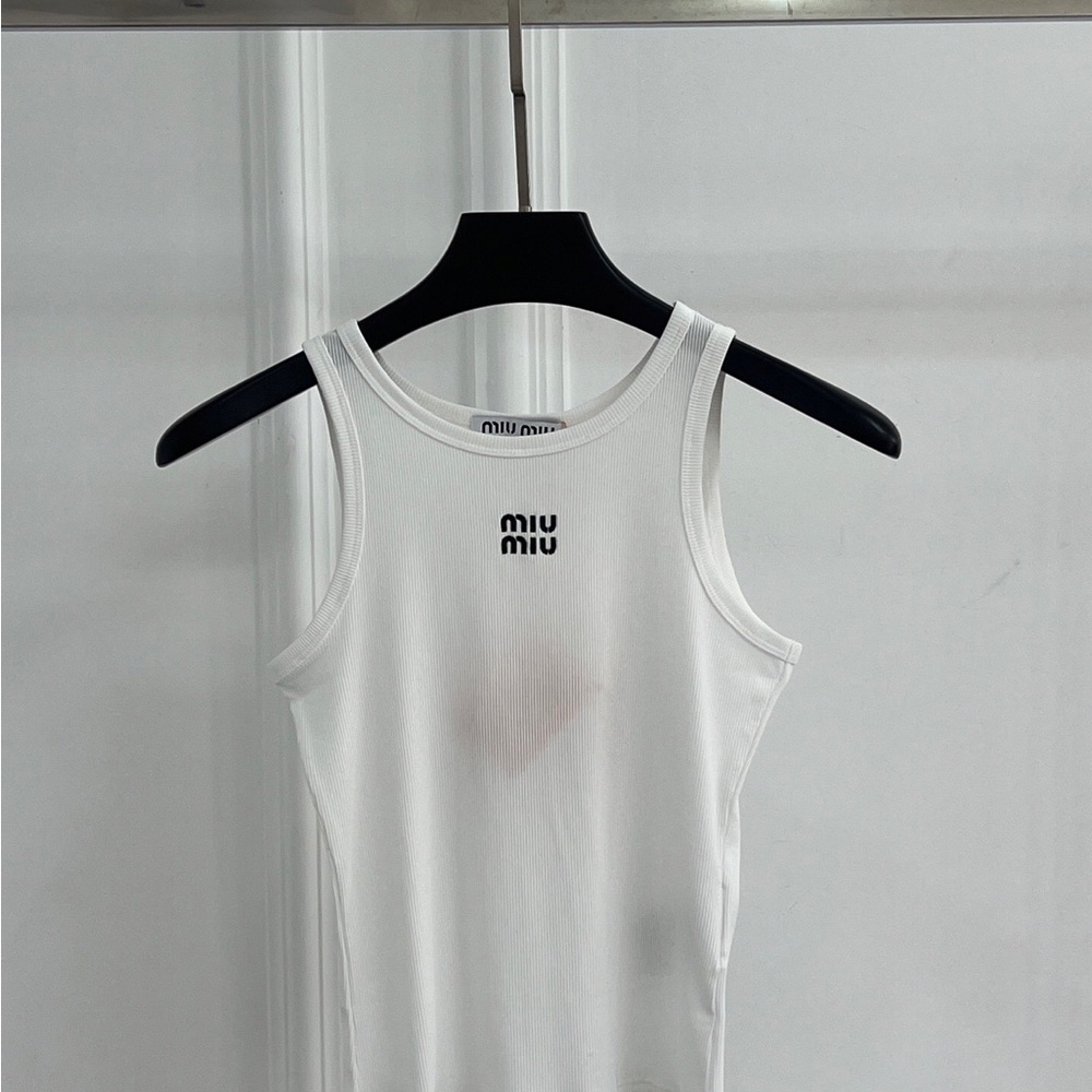 Miu Miu White Ribbed Logo Tank